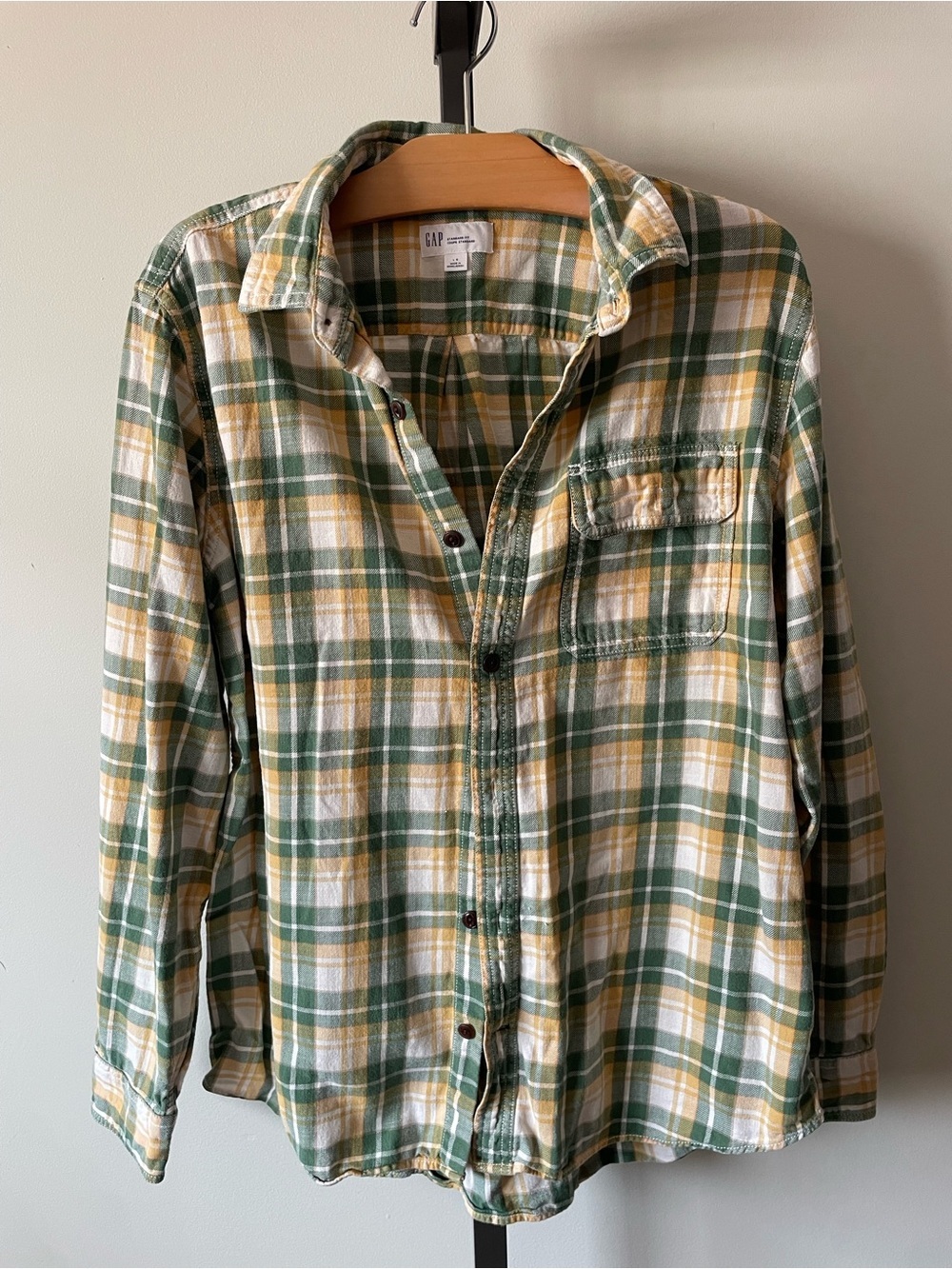 GAP Standard Fit Plaid Casual Button Down Shirt 100% Cotton Yellow Green Large